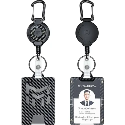 MNGARISTA Carbon Fiber Retractable Badge Reel - Office Supplies ID Holder with 4 Locking Card Points, Strong Clip Carabiner Keychain, Black Nurse Accessory, Badge Reels Retractable