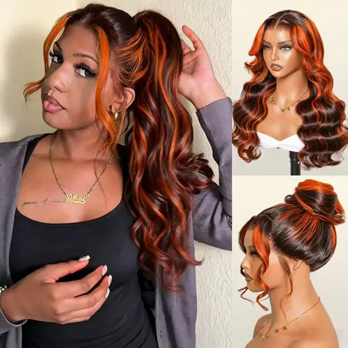 【 Salon Style at Home 】Ginger Highlights On Brown Hair 360 Lace Frontal Invisi Strap Skin Lace Invisi Drawstring Snug Fit Body Wave Human Hair Wig#summerwins,sohochic
