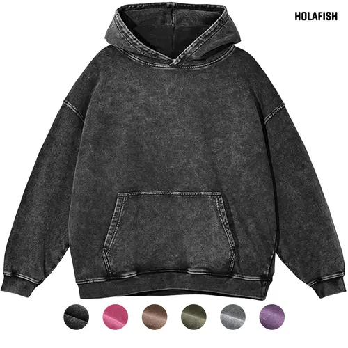 Holafish Men's Vintage Acid Wash Cotton Fleece Oversized Unisex Hoodie - Long Sleeve, Soft Stretch, Kangaroo Pocket, Ribbed Cuffs & Hem, Classic Retro Stylish Plain Vibe Preppy Casual Pullover, Fall Street Style, Expandable Top (Do Not Dry Clean)