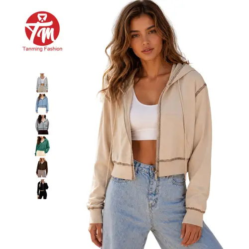 Tanming Womens Cropped Hooded Zip Up Sweatshirt Long Sleeve Casual Jacket Contrast Stitching Streetwear