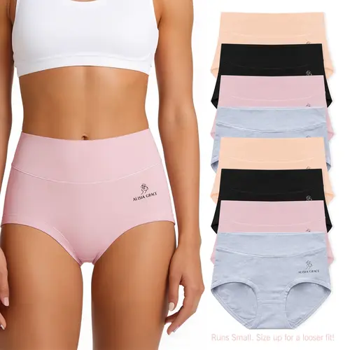 ALISIA GRACE Women's Solid Plain Cotton Underwear, 4/8-Pack Mid-High Waist Basic 2XL Full Coverage Soft Stretchy Hipster Briefs, Soft Breathable Knicker for Everyday Comfort