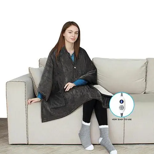 Warm & Cozy 64" x 50" Heated Plush to Sherpa Angel Wrap