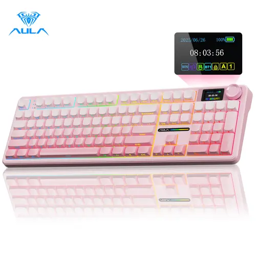 [Restock]AULA F108 Pro Pink Wireless Mechanical Gaming Keyboard, Full Size 104-Key Keyboard with Smart Screen & Knob, Tri-Mode RGB Backlit, Hot Swappable Custom Keyboard for Office and Gaming,summerwins