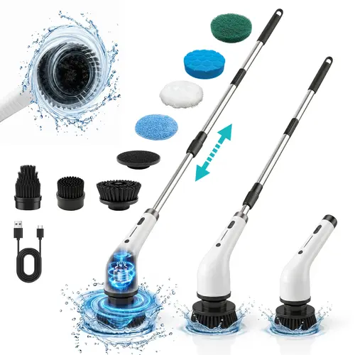 Durable Wireless Electric Spin Scrubber Bathroom Gadget with Handle, IPX7 Full-Body Moisture Resistant Cleaning Brush, 4 Replaceable Heads, 3 Adjustable Extension Rods, 2-Speed for Bathroom, Specialty Kitchen Use,home essentials,sohochic