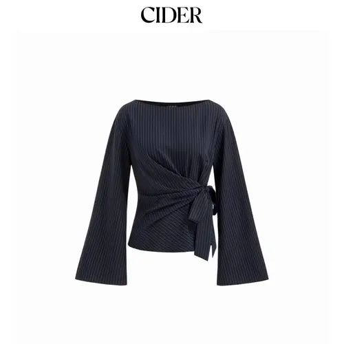 Cider Boat Neck Stripe Knotted Bell Sleeve Blouse