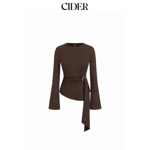 Cider Round Neckline Ruched Metal Detail Long Sleeve Tee