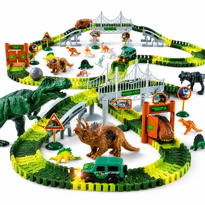 215 PCS Dinosaur Track Set for Kids, Flexible Dino Race Track Toy with Dinosaur Figures, Track Car, Gates, Trees & Adventure Accessories, Jurassic Playset Gift for Boys Girls