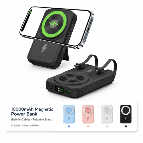10000mAh Magnetic Wireless Power Bank with LED Battery Display, Built-in USB-C and 8-Pin Charging Cables, Foldable Stand Portable Battery Pack, Compatible with Most Phones for Daily Travel Use