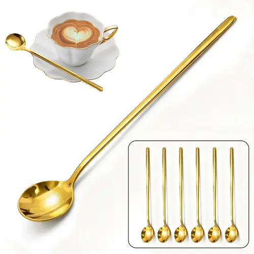 【AREL】6-Piece Thick Gold 18/10 Stainless Steel Cutlery Set - Extra-Long Handle Tableware Coffee & Tea Spoons, Dishwasher Safe, Ideal for Stirring Coffee, Enjoying Desserts,sohochic