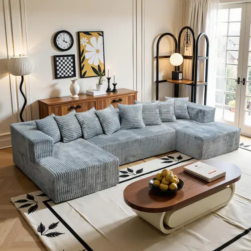 U-Shape Modular Boneless Sectional Couch - Compressed Corduroy Modern Sleeper Sofa with Fixed Arms, Pre-Assembled Space-Efficient Convertible Couches for Living Room, Indoor Sofas Living Room Furniture (2 Packages Shipping),dorm essentials,home decor,soho