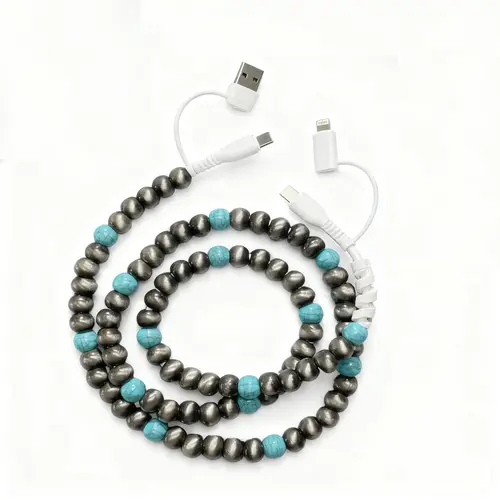 Beaded 4-in-1 Charging Cable - Electronic Charger for Smartphone, Cellphone, iPhone 16/15, iPad, Samsung, Laptops with USB-C & Lightning Compatibility, Mobile