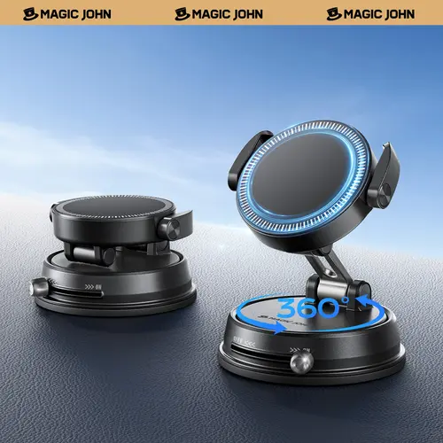 MAGIC JOHN Clip-On Magnetic Phone Mount, Strong Magnetic Grip, Non-Slip Folding Stand, 360° Adjustable, Cars Vehicle Accessories for Car Navigation & Home Use