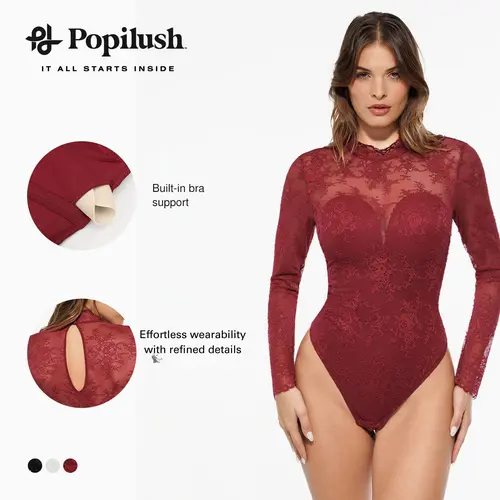 ​​Popilush Deep V-Neck Long Sleeve Bodysuit - Lace Turtleneck with Built-in Bra & Tummy Control​ Casual Womenswear Essential Breathable