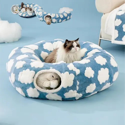Large Cat Tunnel Bed for Indoor Cats - Cute Cat Donut Tunnel Toys for Small Large Cats with Washable Circle Cushion, Round Pet Peekaboo Cave Toy for Kitten/Puppy/Rabbit, Standard Blue