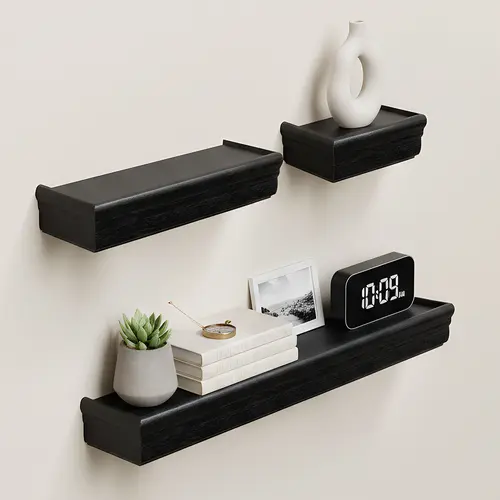 Spaco 3-Pcs 17.9in Rectangular Wood Floating Shelf Set, Black Invisible Brackets, Modern Decorating, Easy Installation, Space-Saving Home Supplies for Kitchen, Room Accessories (Clutter to Decor Wall Storage)
