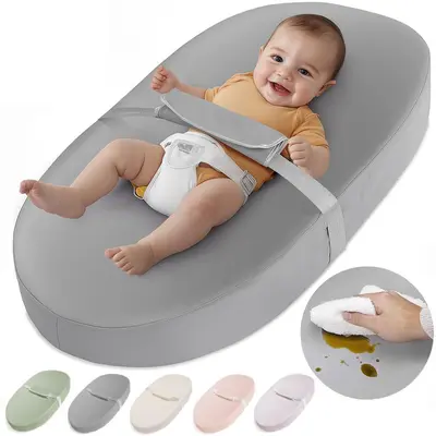 Baby Changing Pad with Waterproof PU Cover, Contoured Non-Slip Safety Belt Design for Dresser, Portable Lightweight Newborn Diaper Pad, Large Supportive Memory Foam, Waterproof Cover