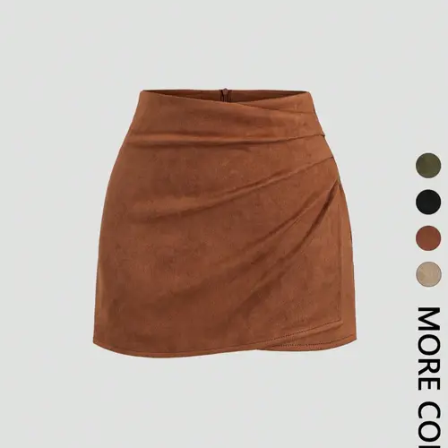 Women's Faux‑Suede Mini Skirt, Vintage Twisted Ruched Bodycon Short Skirt, Fashionable Chic Casual Versatile Skirt for Spring and Fall