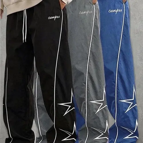 Men's 3-Pack Polyester Embroidered Star Baggy Sweatpants, Autumn Casual Gym Bottoms, Streetwear Ready, Machine Washable Men's Pants, Athletic Sporty Chic M Size, Loosefit Freedom (Do Not Dry Clean)