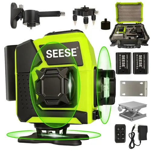 SEESE 12-Line Green Laser Level, 3x360° Self-Leveling, Remote Control, Dual Batteries, Full Accessories for Tile, Cabinet & Home Improvement toolupgrade
