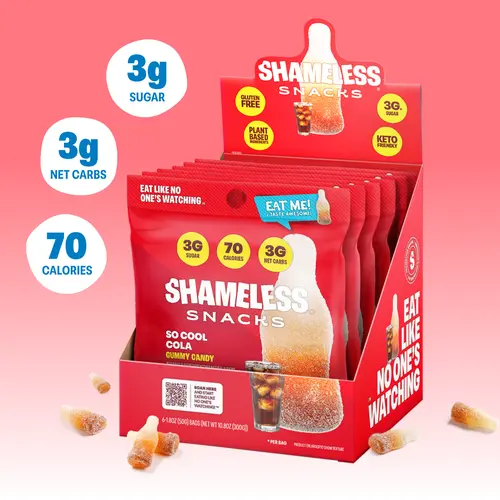 Shameless Snacks So Cool Cola Chewy Gummy Candy - Keto, Low Sugar, Gluten-Free, Glycerin-Infused Vegan Sweet Crave-Satisfy Low Calorie Candy, Erythritol & Sucralose-Sweetened High Fiber Boxed Set Office Snacks for Adults
