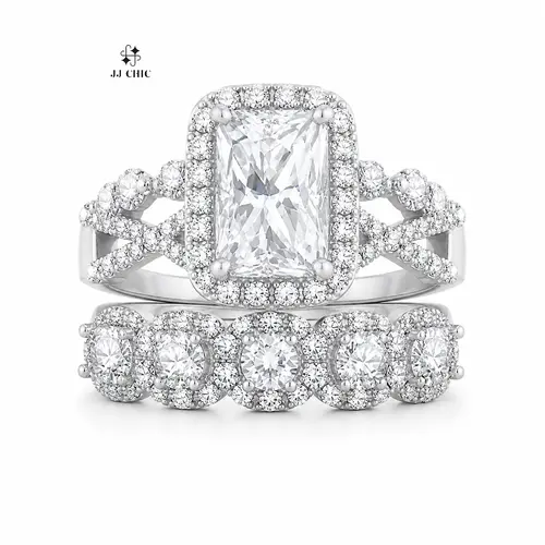 JJ CHIC 5CT Radiant Cut Halo Bridal Ring Set for Women,  Engagement Ring with Matching Wedding Band Band Rings