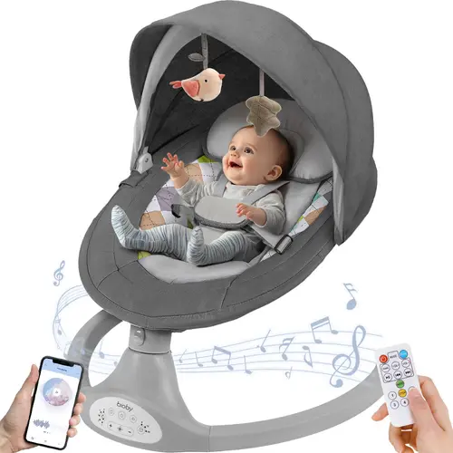 COMOMY Electric Baby Swing & Bouncer for Newborns 0-6 Months (Swing with Music) - 5 Sway Speeds, 10 Songs, Bluetooth, Remote Control, Portable Hands-Free Soother for Baby Boys & Girls