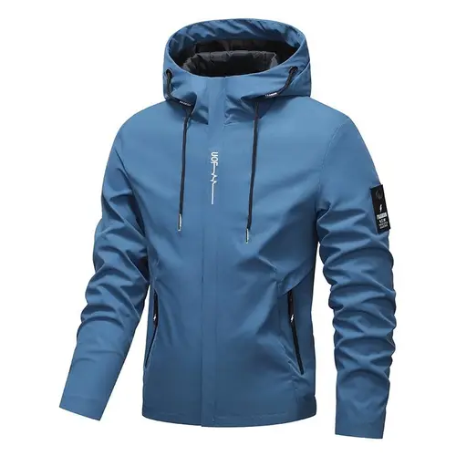 Men's Slim Fit Plain Waterproof Windproof Hoodie Jacket - Menswear Tops, Longsleeves Clothes, Drawstring Zip-Up, Zipper Pockets, All-Season Outdoor Coat for Autumn/Winter Activities