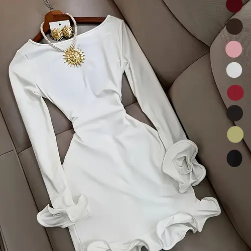 Elegant Aesthetic Chic Women's Basic Tight-Fitting Fitted Long Sleeve Dress with Pleated Sleeves, Backless Bow Tie Design, Plain Style, All Seasons Wear, Single Piece Womenswear