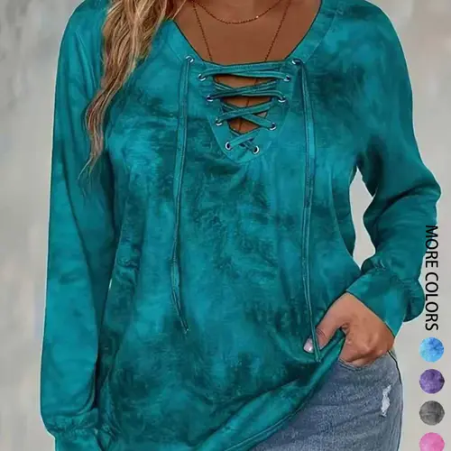 Women's Plus Size Tie-Dye Lace Long Sleeve Fitted T-Shirt Top Womenswear with Chic Casual Print Design, Comfortable Soft Stretch Fabric for Daily Wear & Gift Giving