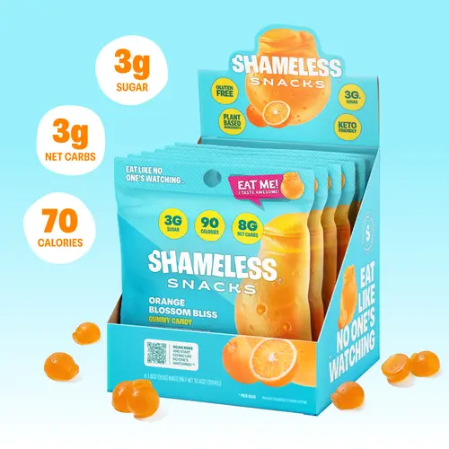 Shameless Snacks Orange Blossom Natural Vegan Jelly Candy Treats - Erythritol-Sweetened, Glycerin, Sucralose-Free, Fiber-Rich Chew, Fiber-Filled Cravings, Gluten-Free, Low-Carb, Keto, Clean Eats, Bulk Boxed Set for Adults