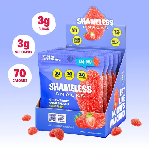 Shameless Snacks Strawberry Sour Splash Keto Gummies Box Set - Gluten Free Sour Candy, High Fiber, Low Carb, Sugar-Free, Low Calorie, Vegan Healthy Snacks with Glycerin, Sucralose, Erythritol for Adults