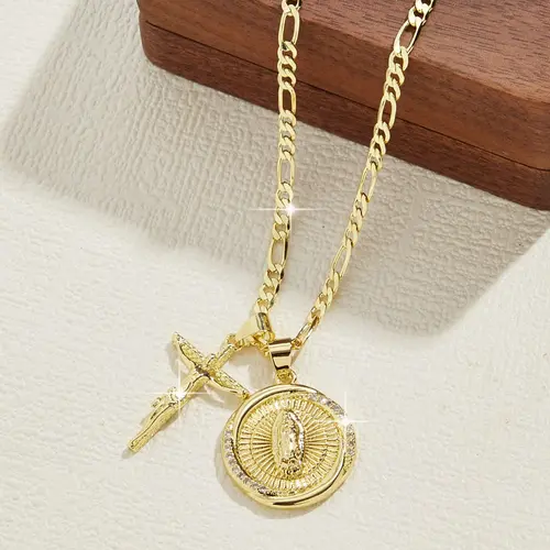 14K Gold Plated Jesus Crucifix Cross & Virgin Guadalupe Cross Design Pendant Necklace, 24 Inch, Classic Faith Religious Jewelry, Holiday Gift
