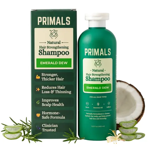 PRIMALS Gentle Hair Strengthening Shampoo - 450+ Clinician Approved - Caffeine, Biotin, Raw Honey, Rosemary Oil, Green Tea - Anti-Hair Loss & Thinning - Natural Haircare Cleanser - 0 Artificial Fragrances, Sulfates, Parabens, Dyes - 13.5 Fl Oz