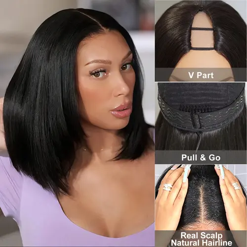 Mscoco V Part Yaki Straight Bob Wig Glueless Budget Friendly Summer Wig 180 250 High Density V Part Human Hair Wig Edges Protective Natural Scalp Frontal Lace Wigs #TikTokShopBackToSchool Yaki Straight Wigs Glueless Hd Wigs