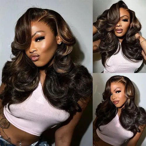 【 Pull & Go Pre-Styled】18“Special Offer:Trendy Butterfly Cut 250% Density Face Framing Peacock Curls Pull Go 13x6 Full Glueless Lace Front Wig Pre-Styled Heavy Layers Body Wave Natural hairline Natural Black/ Balayage Brown Highlight Color Human Hair Wig,