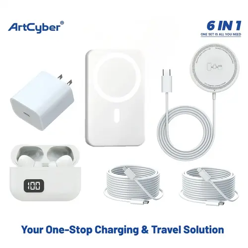 6-in-1 Tech Gift Charging Kit, 5000mAh Magnetic Wireless Power Bank with Wireless Earbuds, Wireless Charging Pad, USB-C & 8-Pin Cables, Wall Adapter and Magnetic Ring, Portable Travel Accessories Set for Compatible Mobile Devices