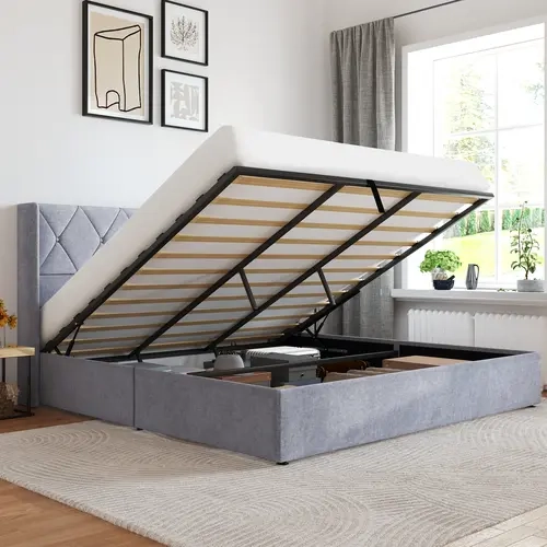 Lift Up Storage Bed, Modern Upholstered Platform Bed Frame with Wingback Headboard, Hydraulic Lift Storage, Easy Assembly, No Box Spring Needed, Sturdy Platform Bed, Modern Beds