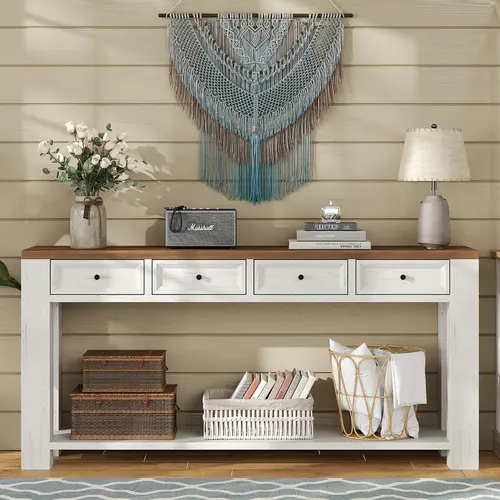 FUSOU 63'' Farmhouse Console Table, Entryway Table with 4 Drawers & Open Shelf, Sofa Table Behind Couch,  Farmhouse Sofa Table for Living Room