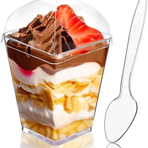 5oz Leak-Proof Disposable Plastic Cups with Lid Spoon (40 Pack) - Disposable Dinnerware, Yogurt Cups for Parties, Lids Keep Desserts Tidy, Ideal for Fruit Pudding Trifle Ice Cream Enthusiasts,sohochic
