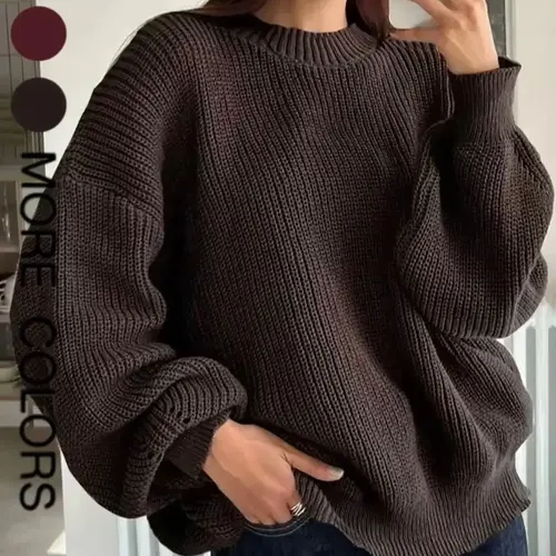 Women's Loose-Fitting Oversize Baggy Round Neck Crewneck Thick Sweater Tops, Casual Fashion Long Sleeve Knitwear Knitting, Elegant Plain Solid Color Casual Comfy Basic Pullover for Fall & Winter Womenswear, Classic Crewneck Style