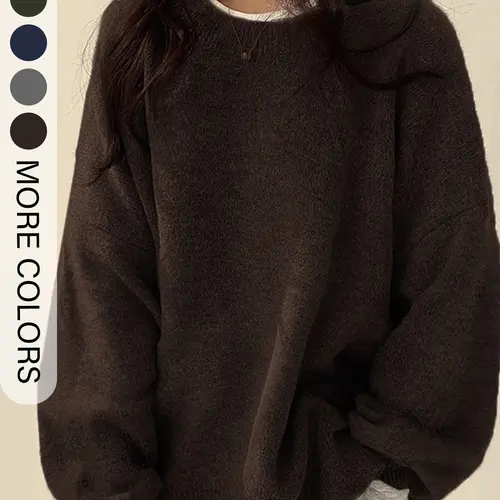 Women's Drop Shoulder Split Hem Oversized Loose Fit Baggy Sweater, Casual Basic Minimalist Long Sleeve Round Neck Jumper, Women's Knitwear Top for Fall & Winter, Sweaters for Women Womenswear