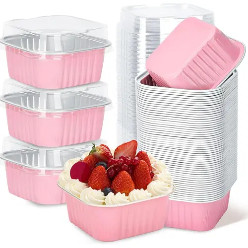 30-Pack 5oz Pink Mini Aluminum Foil Cake Pans Bakeware Set with Plastic Lids, Disposable Single-Serve Dessert Boxes for Baby Shower, Home Bakers, Home Baking & Festive Party Supplies,sohochic