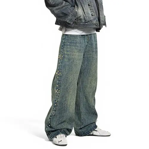 inflation Men's Retro Flared Denim Jeans - Menswear Flare Pants Jeans with Vintage Beaded Cat Whisker Design, Fitted Cut, Casual Streetwear Clothing Clothes for Daily Wear