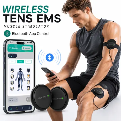 Medcursor Wireless Dual-Channel Muscle Stimulator TENS Unit - App-Controlled Massage Device with Session Memory, 3 Modes, 25 Intensities, Batteries Included, Portable with Storage Pouch, Gift for Adults, Shoulder & Body Pain Relief