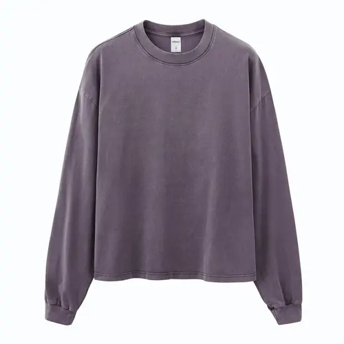 Inflation Men's 100% Cotton 270g Oversized Cropped Boxy Fit Washed Round Neck Long Sleeve T-Shirt - Beige Plain XL, Autumn Retro Streetwear Casual Menswear, Can Style & Crop Top Long-Sleeve Tops,sohochic