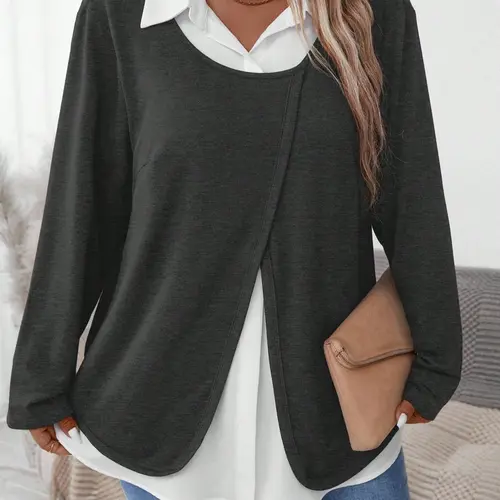 Women's Plus Size Casual Colorblock Patchwork Faux Two-Piece Long Sleeve Fitted Shirt Blouses Tops, Womenswear Fall & Winter Fashion, Comfortable and Stylish, Lady, Casual Chic Top Blouses Shirts Tops
