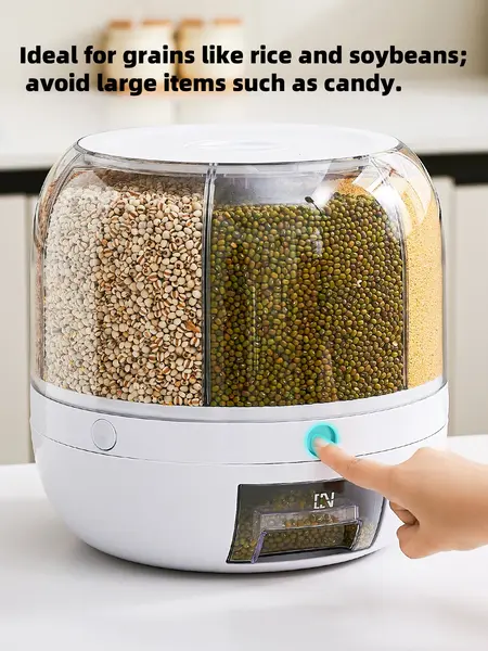 UFORU Sturdy Transparent 6-Grid Rotating Grain Dispenser - 360° Rotatable Kitchen Storage Container, 1-Click Push Button Output, Grain Dispenser Durable, Transparent Body Shows Stock, Pantry Organizer (Rice, Beans) - Check Dimensions First