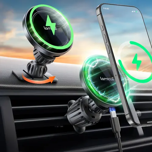 Lamicall Magnetic Wireless Charger Car Phone Mount - 15W Power High Efficiency Charger, 360° Angle Dial Adjustable, Foldable, Powerful Suction, Stable Noiseless, Dashboard Adhesive Car Interior Accessory for iPhone 15 Pro Max, Android Devices, Wireless Mo