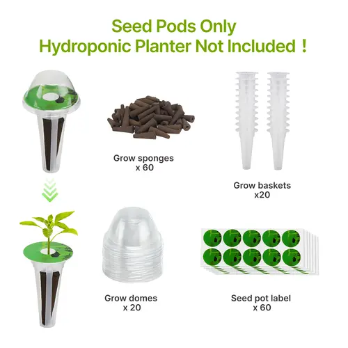SUNCOZE 160pcs Indoor Plastic Hydroponic Pods for Beginners, 60 Sponge Inserts & Accessories That Fits Suncoze & More Hydroponics Growing Systems, Includes 20 Grow Baskets, 20 Domes, 60 Labels