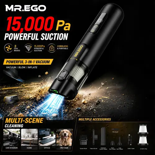 MR.EGO Cordless Portable Car Vacuum Cleaner - 15000Pa Powerful Suction, 4-in-1 Mini Vac, Green LED Light, Type-C Charging, 2 Suction Modes, Ultra-Light for Home, Auto Accessories, Car Detailing, Tools and Gadgets (Black),sohochic